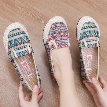 Pantofi de pânză Femei Respirabil Slip-on Pantofi Fund Moale Stil Etnic Mama Pantofi Retro Unic Pantofi Pantofi de damă Femei